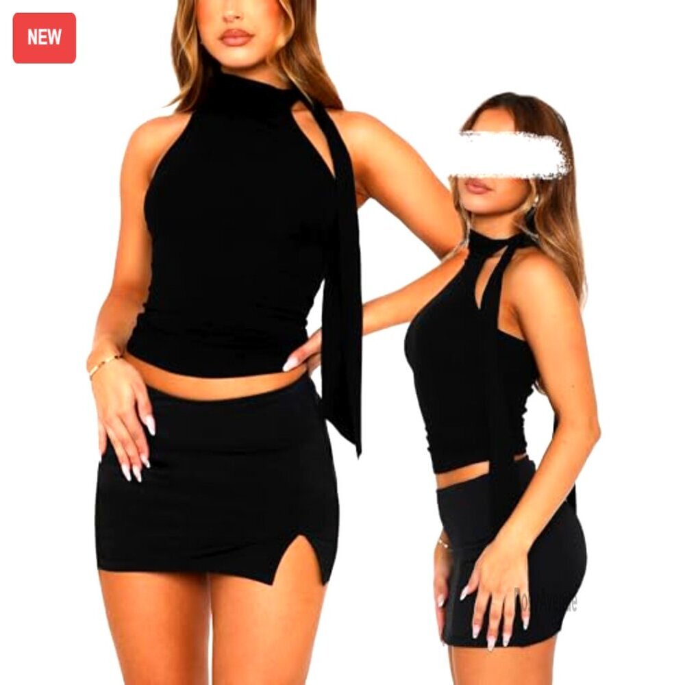 Off Shoulder Halter Mock Neck Sleeveless Crop Tank Top with Scarf - Picture 5 of 7